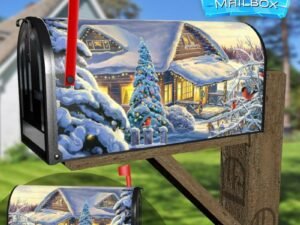 Landscape with Pine Tree and Bullfinches Decorative Rural Farm Mailbox Cover