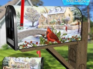Winter Cottage and a Cardinal #1 Decorative Rural Farm Mailbox Cover