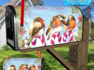 Robins Sitting on Candy Canes Decorative Rural Farm Mailbox Cover