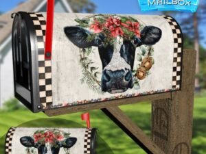 Farmhouse Cow with Poinsettia Decorative Rural Farm Mailbox Cover