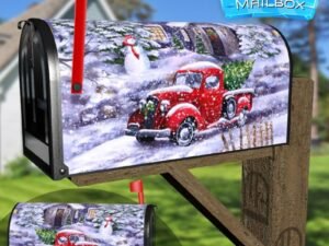 Red Truck with Snowman and Cottage Decorative Rural Farm Mailbox Cover