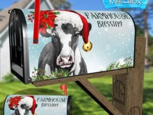 Farmhouse Cow in Santa Hat Decorative Rural Farm Mailbox Cover