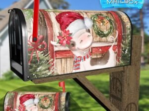 Cute Farmhouse Cow in Santa Hat Decorative Rural Farm Mailbox Cover