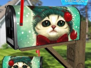 Cute Christmas Kitten in Hat Decorative Rural Farm Mailbox Cover