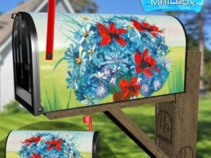 Blue Red and White Garden Flowers #2 Decorative Rural Farm Mailbox Cover