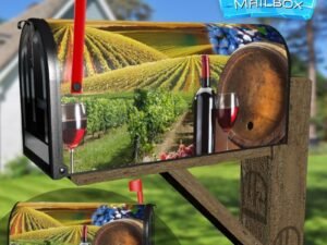 Red Wine and Barrel in the Vineyard Decorative Rural Farm Mailbox Cover