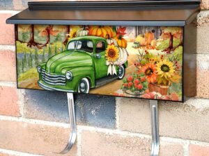 Farmhouse and a Green Truck Townhouse Mailbox Cover