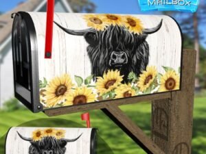 Black Highland Bull and Sunflowers Decorative Rural Farm Mailbox Cover