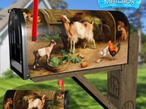 Goats, Chickens And Chicks In A Farmyard Decorative Rural Farm Mailbox Cover