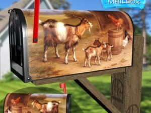 Farmyard Scene With Goats And Chickens Decorative Rural Farm Mailbox Cover