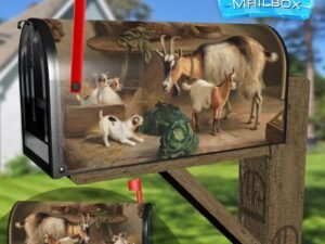 Goats and Puppies in a Farm Kitchen Decorative Rural Farm Mailbox Cover