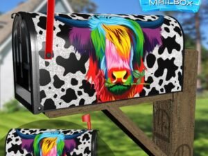 Rainbow Bull on Cowhide Pattern Decorative Rural Farm Mailbox Cover