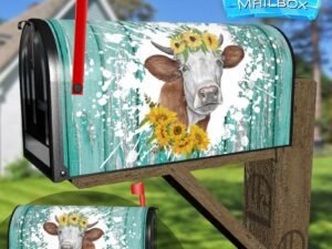 Sunflower Cow Design on Wood Patter Decorative Rural Farm Mailbox Cover