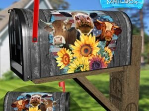 Cow Trio with USA Flag and Sunflowers Decorative Rural Farm Mailbox Cover