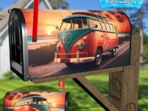 Hippy Wagon at the Beach #1 Decorative Rural Farm Mailbox Cover